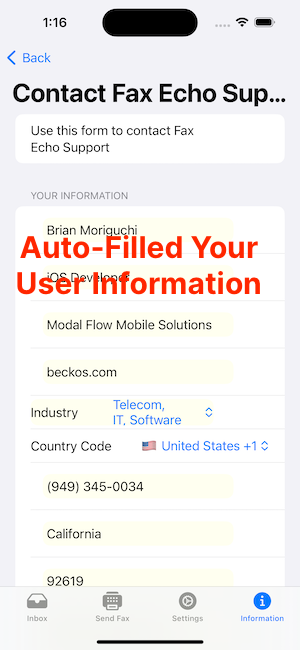 Contact Support Screen