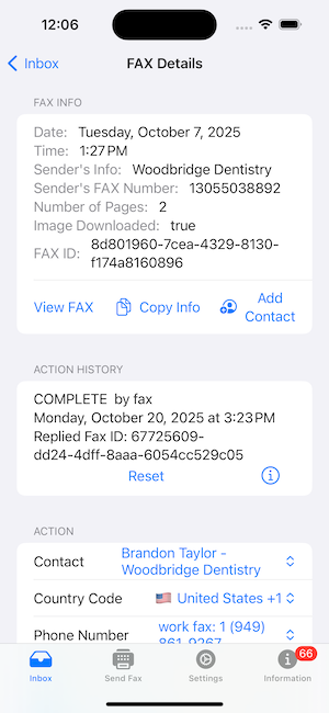 Fax Echo Fax Details Screen
