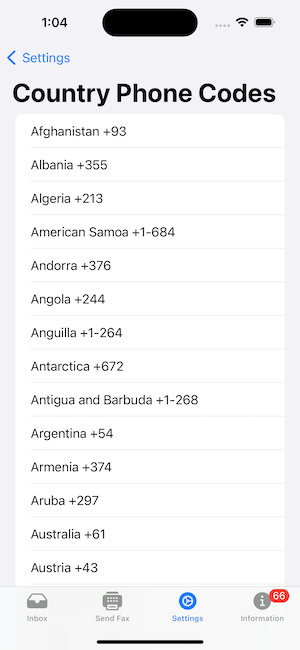 Fax Echo Frequent Use Country Phone Codes Screen