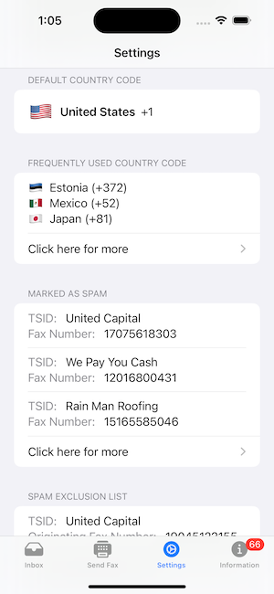 Fax Echo Frequently Used Country Code Screen