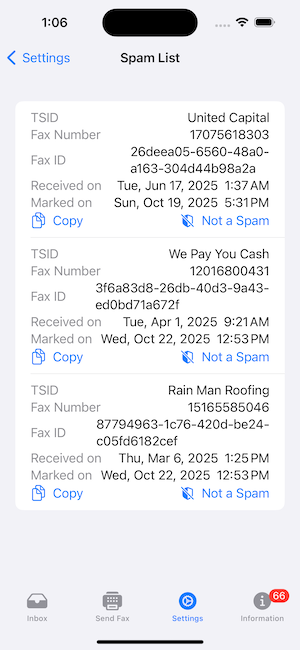 Fax Echo Spam List Screen